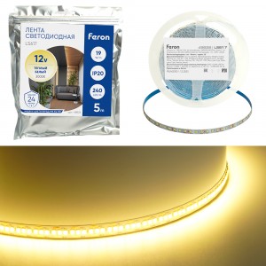 Feron лента св/д 12V 19W/m 240Led/m IP20 3000K 2K 10мм 5м интер SMD2835 LS617 48826
