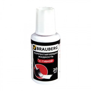 Корректирующая жидкость BRAUBERG "Premium", 20 мл, флакон с губкой, спирт,, ярко-белая, 224090