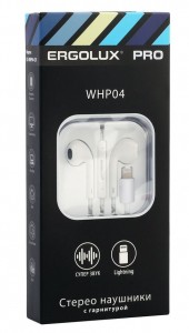 ERGOLUX наушники вкладыши с гарнитурой Lightning, провод 1.2м, белый ERGOLUX ELX-WHP04-C01 коробка