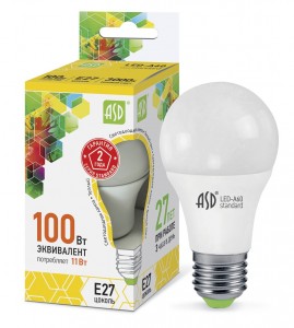 ASD standard ЛОН A60 E27 11W(990lm) 3000К 2K 110x60 пластик/алюм  1739
