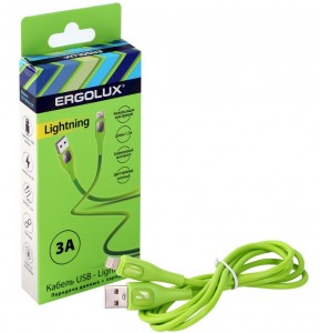 Дата-кабель USB(A)шт. - Lightning шт. ERGOLUX ELX-CDC03-C05 3А  1.2м, зеленый, силикон, коробка