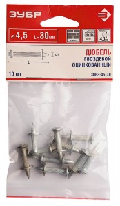 Дюбель гвоздевой, оцинкованный с насаженной шайба в п/э пакете, 4,5x30мм, 10шт
