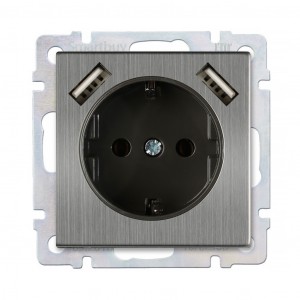 Smartbuy мех. роз. СУ 1 мест. земля и 2-мя USB 16А серый никель "Нептун" (SBE-05gn-16-S1-USB)