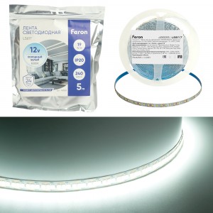 Feron лента св/д 12V 19W/m 240Led/m IP20 6500К 6К 10мм 5м интер SMD2835 LS617 48828