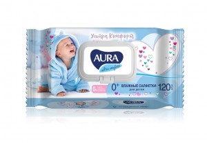 Влажные салфетки с клапаном 120шт/уп, детские 0+, с алоэ и витамином Е AURA Ultra comfort 11733