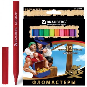 Фломастеры BRAUBERG "Корсары", 12цв., вент. колп. карт. уп. с золотистым тиснением, 150564
