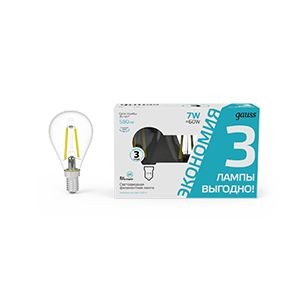 Gauss Filament лампа 7W 580lm 4100К Е14 шар филамент (нитевидная) (уп.3 шт) 105901207T