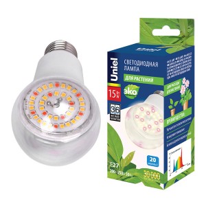 Uniel фито лампа св/д для растений A60 E27 15W 20мкмоль/с 60x130 прозр. LED-A60-15W/SPFB/E27/CL