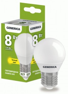 IEK GENERICA шар G45 E27 8W(800lm) 3000K 2K 45x81 матов.  LL-G45-08-230-30-E27-G