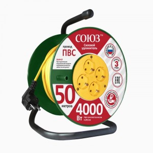 СОЮЗ силовой удлинитель на пласт. катуш. ПВС 3х2.5 4роз. 50м 16А земля, 481S-3705