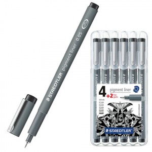 Ручки художественные капиллярные STAEDTLER в НАБОРЕ из 6 шт., ЧЕРНЫЕ, "PIGMENT LINER", линия письма