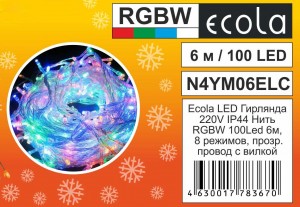 Ecola гирлянда-нить ул. 100LED RGB, 6м, 8 реж., прозр.провод с вилкой 220V IP44 N4YM06ELC