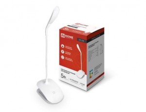 ASD/inHome св-к настольный св/д ССП-23Б 5W(300lm) 6500K прищепка сенсор/диммер, USB-каб 1м, бел 6601
