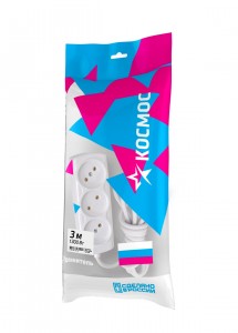Космос сет. удл. ПВС 2х0.75 3 роз. 3 м 6А/1300Вт (корпус негор. PP) YKsm3m-3g(6A)S (РФ)