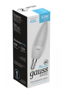 Gauss BASIC Свеча C37 E14 5.5W(420lm) 4100K 4K матов., пластик 1033126
