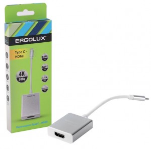 Переходник Type-Cшт.-HDMI гн.  ERGOLUX ELX-VA01-Type C, шнур 15см, серебро