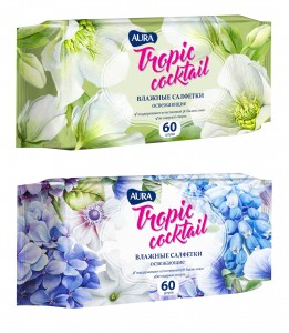 Влажные салфетки 60шт/уп, освежающие AURA Tropic cocktail (Коттон клаб) арт.8134(КРД, СПб 10!)