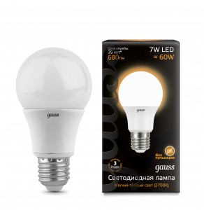 Gauss ЛОН A60 E27 7W(680 lm) 2700K 60х110, пластик/алюм., матовая 102502107