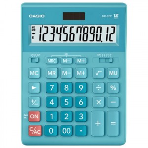 Калькулятор настольный CASIO GR-12С-LB (210х155 мм), 12 разрядов, двойное питание, ГОЛУБОЙ, GR-12C-L