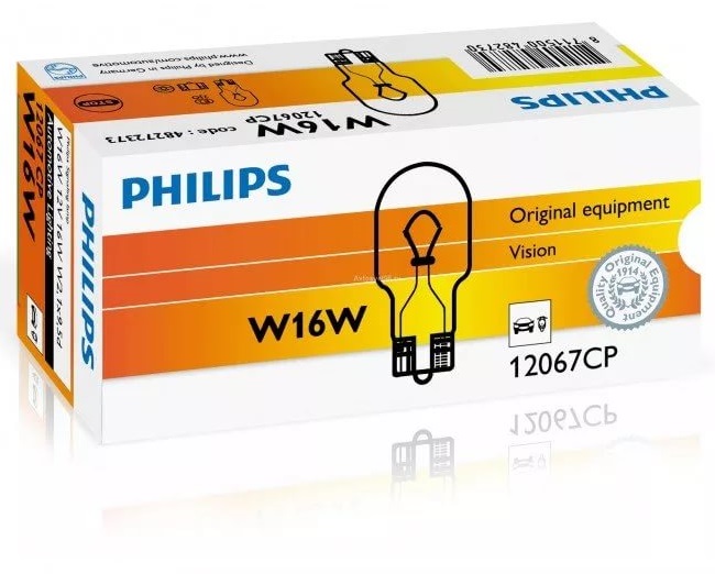 Лампа А 12-16 W16W 12V (з/ход,стоп-сигнал) (W2,1x9,5d) "PHILIPS"