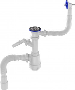 Aquant Сифон для кухни 1 1/2"х40 с мет.решет.,отвод для стир.машины,перелив,г.т.40х40/50,B0015-10-MR