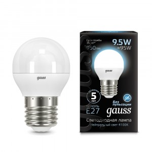 Gauss Шар G45 E27 9.5W(950lm) 4100K 4K 85x46 матовая, алюм./пластик 105102210