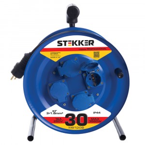 STEKKER Удлинитель на катушке 4 роз. с/з, 30м, 3x1,5мм2 серия Professional, синий, PRF02-31-30 39786