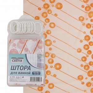 CELLTIX, Штора д/ванной ПЕВА "Пузырьки", 12 колец, 180*180см, оранж.