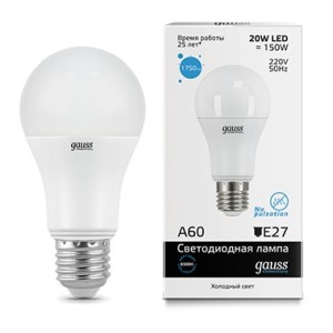 Gauss Elementary ЛОН A60 E27 20W(1750lm) 6500K 6K 120x60 матовая, пластик/алюм. 23239