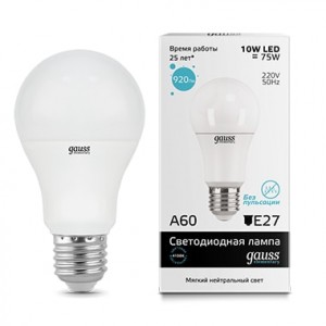 Gauss Elementary ЛОН A60 E27 10W(920lm) 4100K 4K 110x60 матовая, пластик/алюм. 23220