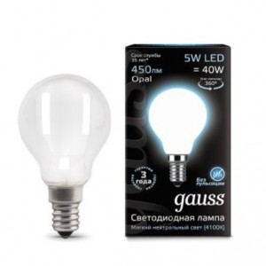 Gauss Filament Шар G45 E14 5W(450lm) 4100K 4K матов. 80x45 филамент (нитевидная), 105201205