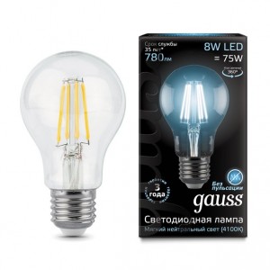 Gauss Filament ЛОН A60 E27 8W(780lm) 4100K 4K прозр. 105x60 филамент (нитевидная), 102802208