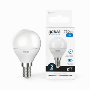 Gauss Elementary Шар G45 E14 10W(750lm) 6500K 6K матов., пластик 53130