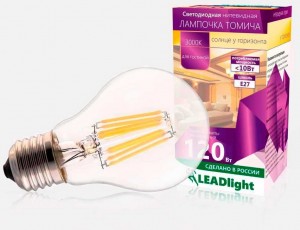 ТОМИЧА ЛОН A60 E27 10W(965lm) 3000K для гостиной 2K 110x60 филам(нитевид) прозр LEADLight СА230-10-1