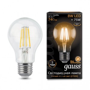 Gauss Filament ЛОН A60 E27 8W(740lm) 2700K 2K прозр. 105x60 филамент (нитевидная), 102802108