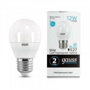 Gauss Elementary Шар G45 E27 12W 920lm 4100K 4K 86х45 матовая, пластик/алюм. 53222