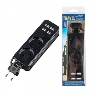 Uniel Travel сет.удл. ПВС 2x0.5 2роз. 1,5м 10A черный S-CT2-1,5U BLACK