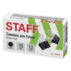 Зажимы для бумаг STAFF, КОМПЛЕКТ 12 шт, 15 мм, на 45 листов, черные, картонная коробка, 229049