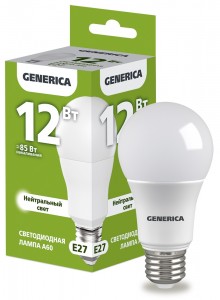 IEK GENERICA ЛОН A60 E27 12W(1200lm) 4000K 4K 60x108 матов. LL-A60-12-230-40-E27-G