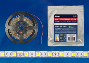 Uniel лента св/д 12V 14.4W/m 60LED/m 10мм IP20 ULS-M25-5050, 4000K белый свет (интерьерная) 5м, 2150