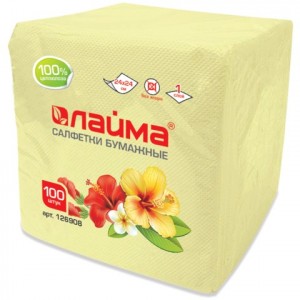 Салфетки бумажные 100шт. желтые пастель (24х24см) Лайма, 100% целлюлоза, 126908