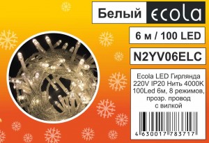 Ecola гирлянда-нить 100LED 4000K, 6м, 8 реж.,прозр.провод с вилкой 220V IP20 N2YV06ELC