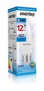 Smartbuy свеча C37 Е27 12W (960 lm) 6000К 6К 37х105 матовая пластик SBL-C37-12-60K-E27