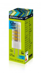 Ergolux G4 12V 5W(475lm 330°) 4500K 4K прозр. 46x16 пластик/алюм LED-JC-5W-G4-4K