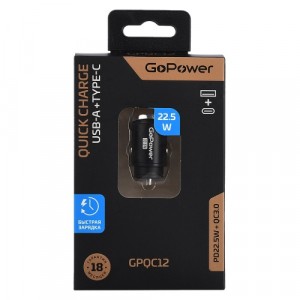 Зарядное устройство автомобильное GoPower GPQC12, 1USB+1Type-C, 22,5Вт, Mini, черный