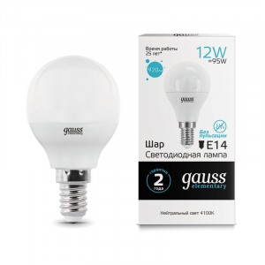 Gauss Elementary Шар G45 E14 12W 920lm 4100K 4K 82х45 матовая, пластик/алюм. 53122