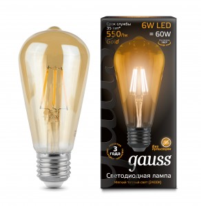 Gauss Filament Цилиндр ST64 E27 6W(550lm) 2400K 2K 143x64 золотая, нитевидная, прозр. 102802006