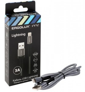 Дата-кабель USB(A)шт. - Lightning шт. ERGOLUX ELX-CDC10-C09 3А  1.2м, серый, нейлон, коробка