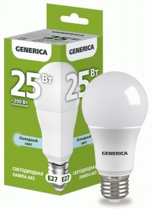 IEK GENERICA ЛОН A65 E27 25W(2500lm) 6500K 6K 65x135 матов.  LL-A65-25-230-65-E27-G