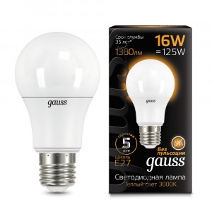 Gauss ЛОН A60 E27 16W(1380lm) 3000 2K 120x60 матовая, пластик/алюм. 102502116